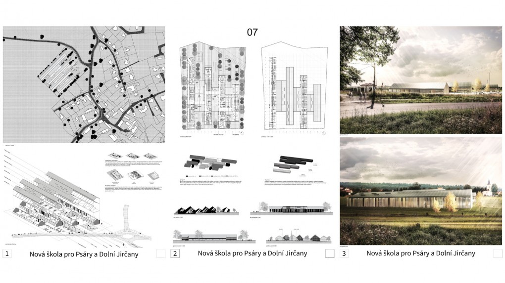 7 Jeden z návrhů, který se s velkým objemem resp. obsáhlým stavebním programem vypořádal rozčleněním objemu do plošné struktury sobě podobných, vzájemně propojených archetypů venkovských domů či stodol. Porota vnímá kultivovanost návrhu, jemnost detailu. Zároveň však konstatuje, že členění do fragmentů znečitelňuje výraz školy, přináší složitost stavební a především provozní. Obraz školy, jako srostlice víceméně celoprosklených hospodářských stavení je diskutabilní. 