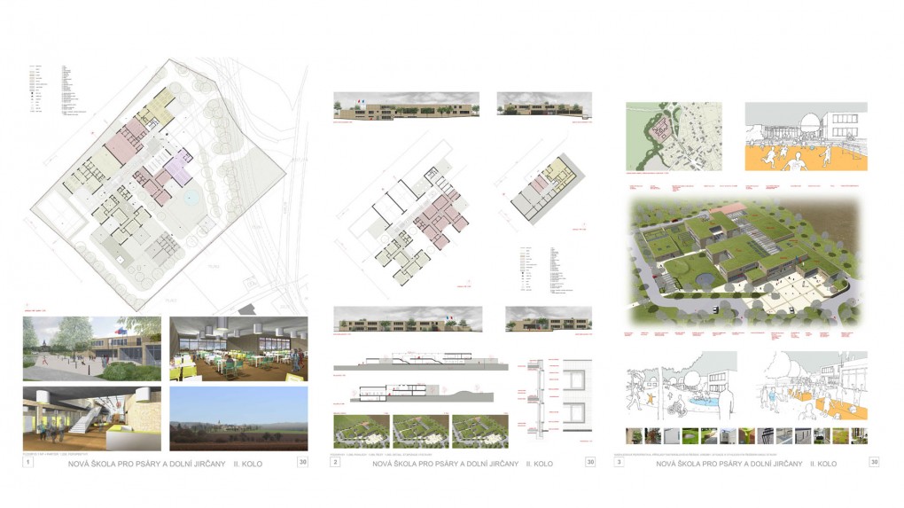 AND, spol s.r.o. , architektonický atelier – návrh č. 30 Ing.arch. Vratislav Danda Ing.arch. Pavel Ullmann Ing.arch. Radovan Kupka                             Návrh byl vybrán do druhého kola pro své dobré funkční schéma, které skýtalo potenciál pro další propracování projektu. Bohužel tento potenciál nebyl využit a návrh zůstal v rovině typologického cvičení. Oproti prvnímu kolu se tak jedná pouze o minimální posun kde chodby a společné prostory stále tvoří poměrně nepřehledné prostory. Návrh i nadále poněkud rezignuje na urbanistické vztahy k obci a tvoří komplikovanou hmotu s četnými vstupy a zákoutími, která svou vizualitou nepřipomíná školu. V návrhu i nadále chybí velká tělocvična. 